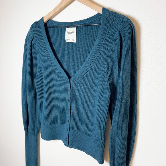 Abercrombie & Fitch Ribbed Dark Teal Cardigan Sweater Size M - Picture 3 of 8